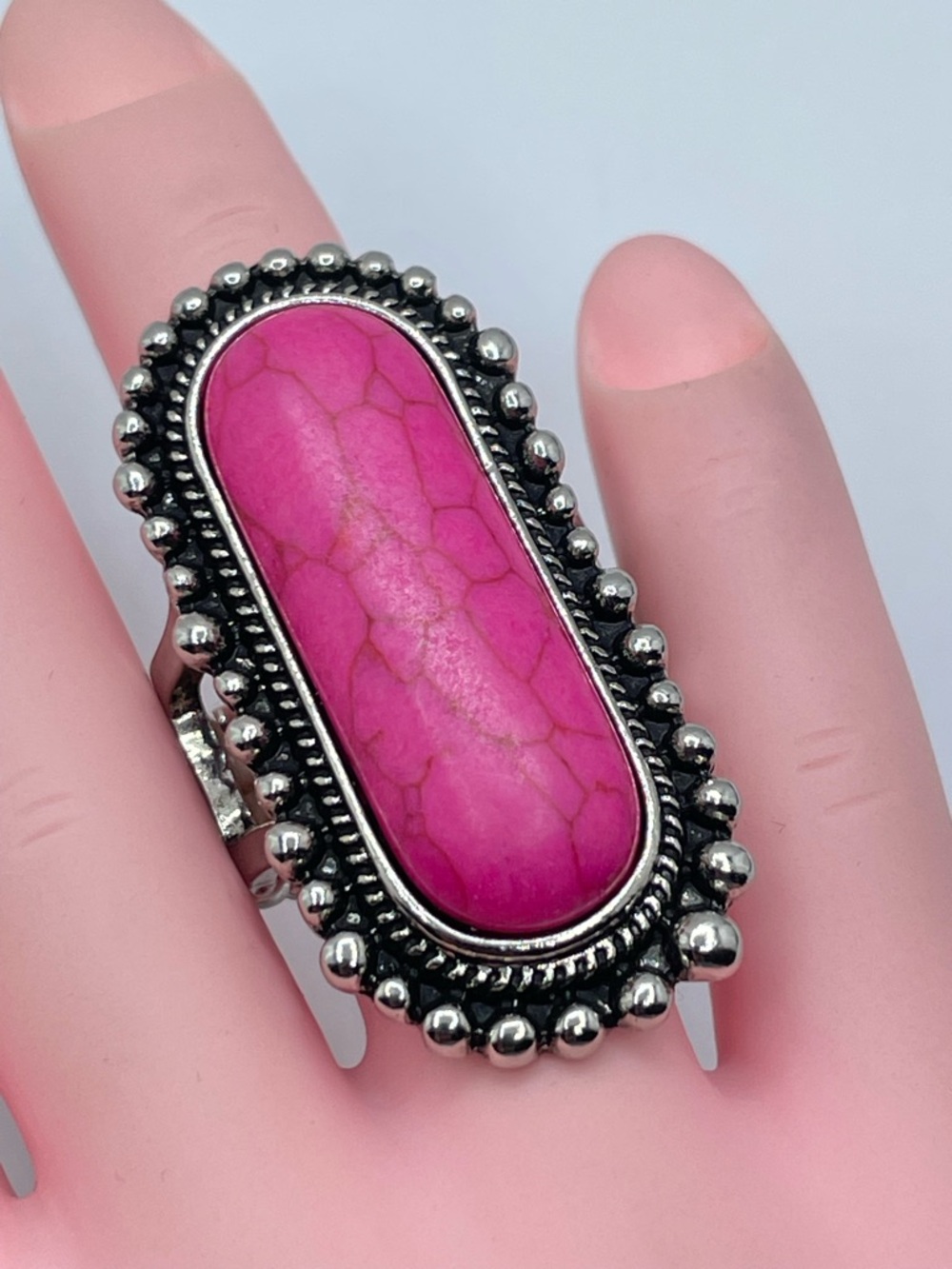 Silver Tone Pink Magnesite Stretch Ring Boho Statement Large